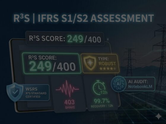 WSRS R3S 標準之 IFRS S1/S2 韌性評估儀表板。深色簡約設計,標註 249/400 高分及 Robust 強韌型等級,結合地震巨災後的快速回復量化指標,展現企業營運持續之可靠度。