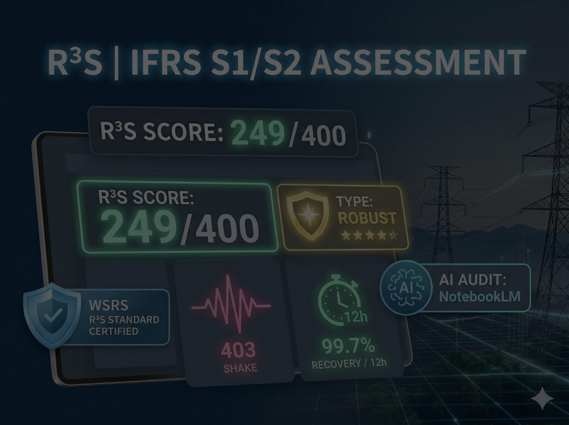 WSRS R3S 標準之 IFRS S1/S2 韌性評估儀表板。深色簡約設計,標註 249/400 高分及 Robust 強韌型等級,結合地震巨災後的快速回復量化指標,展現企業營運持續之可靠度。